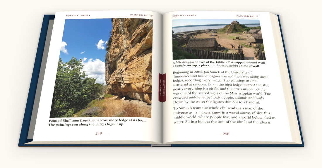 An open copy of the book: a full-page photograph of Painted Bluff beside a page of large, clear text